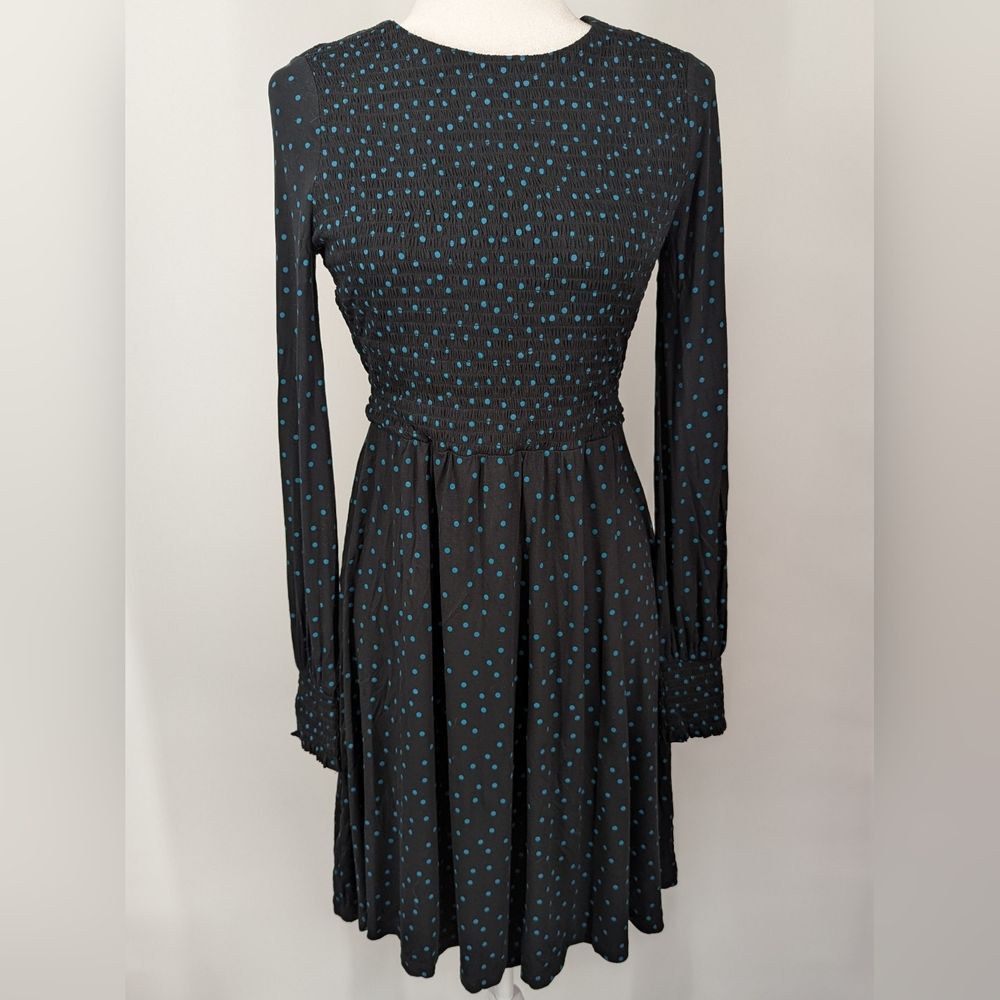 Boden Black Green Polka Dot Long Sleeve Smock Bodice A-Line Knee Length Dress 6